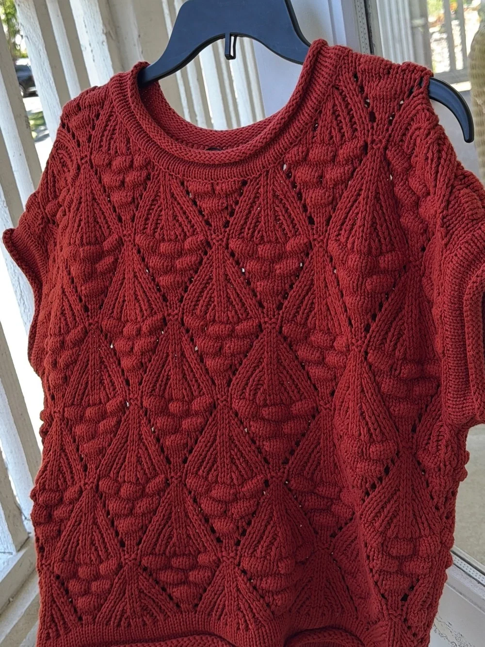Rust Crochet Knit Short Sleeve Sweater Top